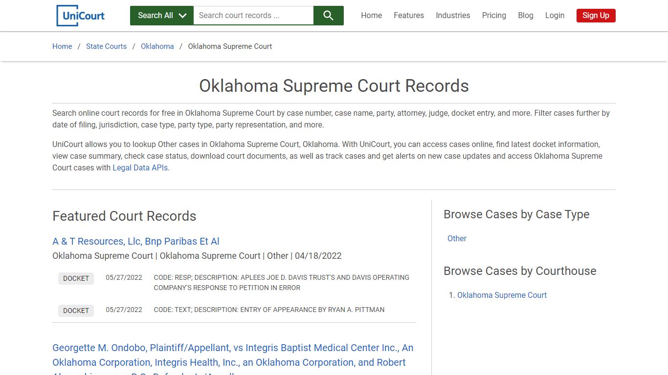 Oklahoma Supreme Court Records | Oklahoma | UniCourt
